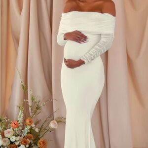 White Off-Shoulder Sleeveless Maternity Gown